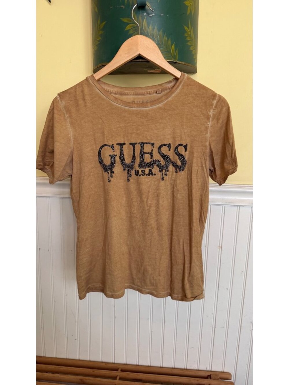 Guess Womens XS Brown Graphic T-Shirt With Rhinestone Logo Design